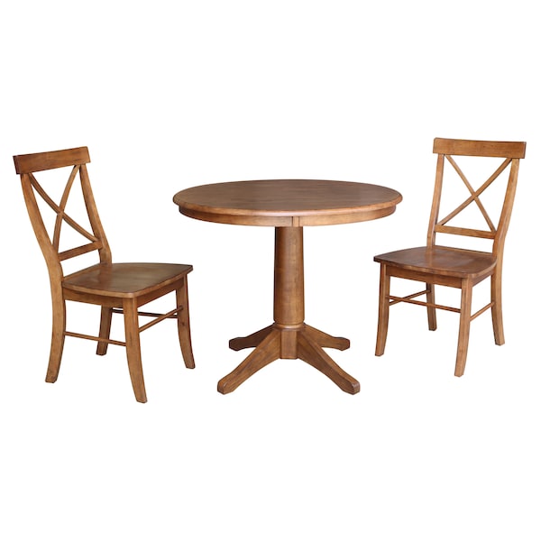 International Concepts Round 36 in Rd Top Pedestal Table, 2 X-Back Chairs, Distressed Oak, 36 in W, 36 in L, 29.1 in H, Wood K42-36RT-27B-C613-2 - main